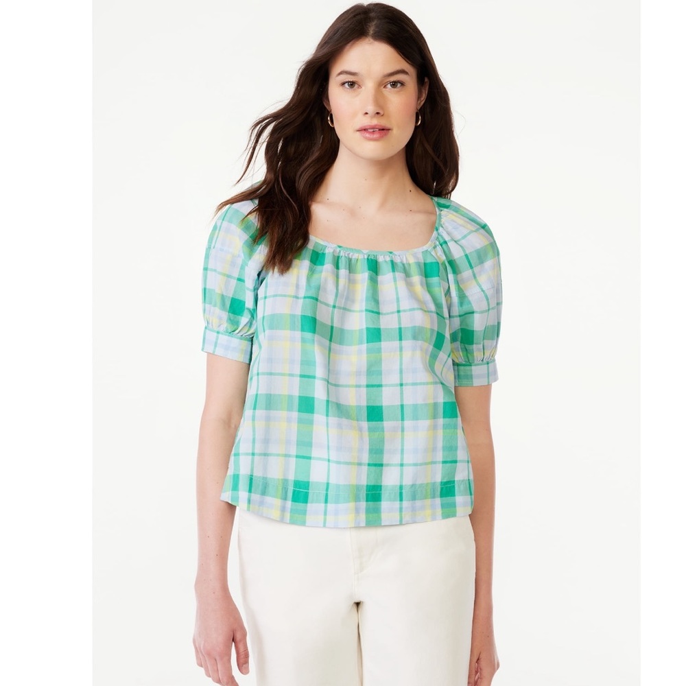 Free Assembly Square Neck Top with Short Puff Sleeves